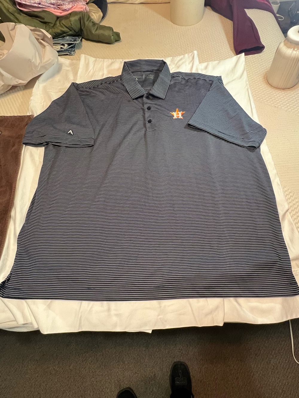 Antigua Navy and White Striped Polo with Orange Embroidered Logo